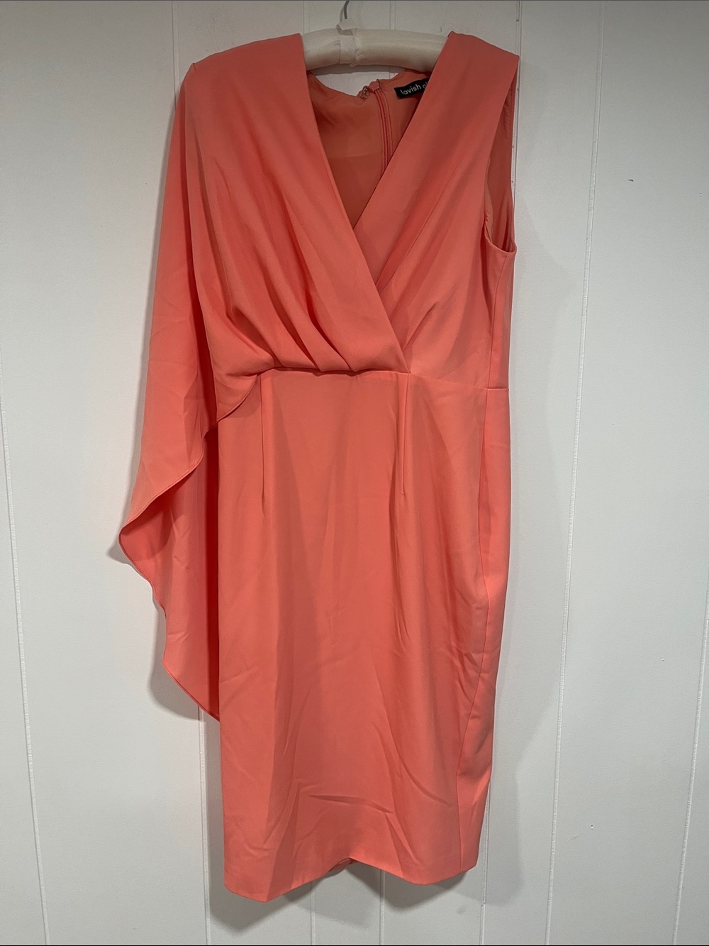 Lavish Alice Coral Pink One-Shoulder Draped Midi Dress 12 cocktail Holidays